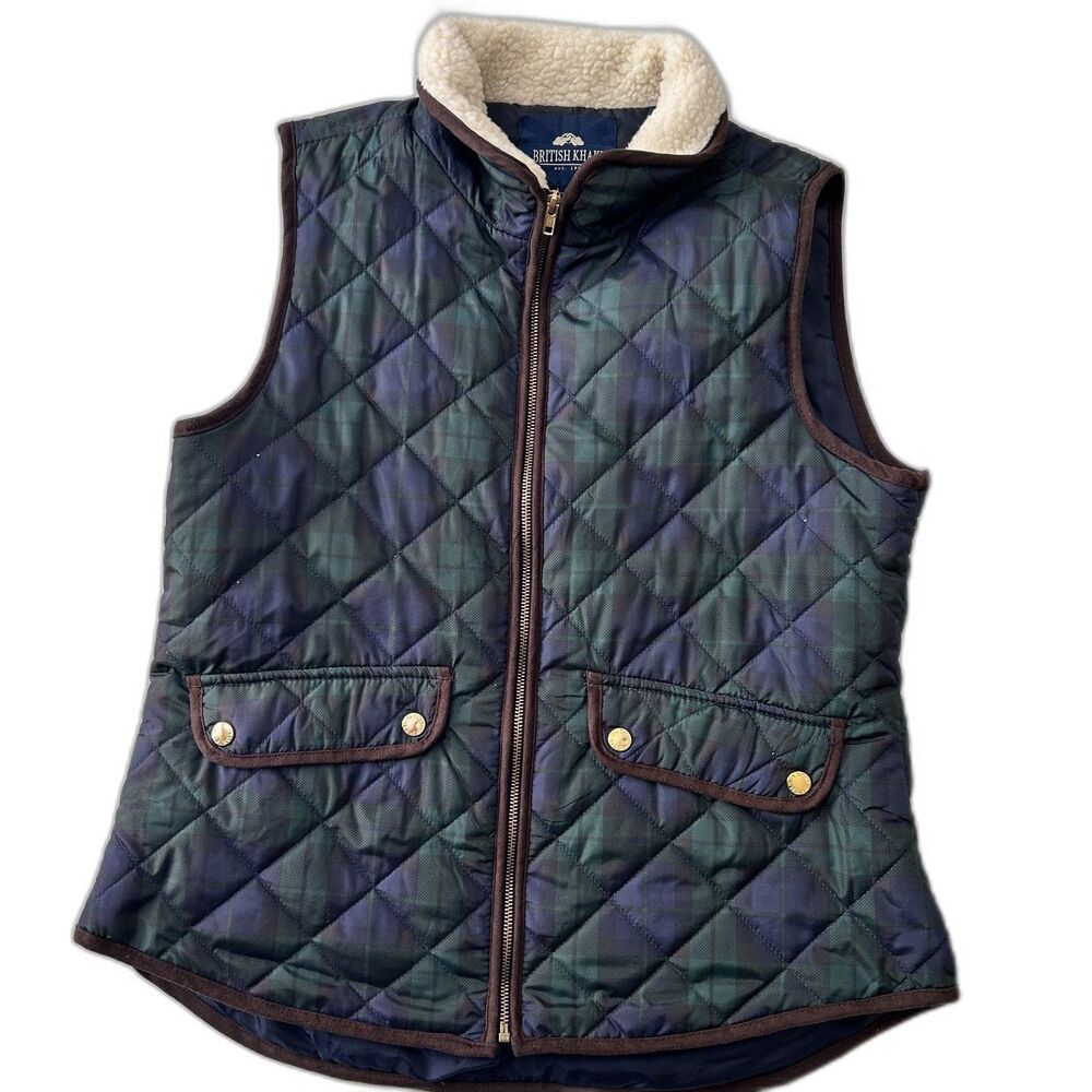 British Khaki Plaid Quilted Zip Vest Blue Green Women's L fur collar snap pocket